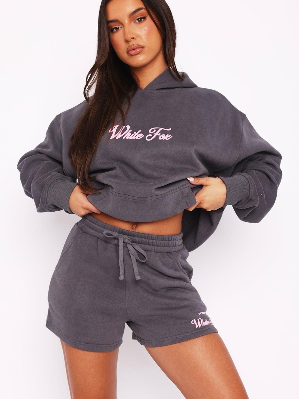 White Fox Boutique Season 7 Oversized Hoodie Shorts Lounge Set in Monument - Picture 2 of 10